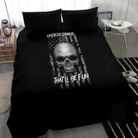 Black bedding set with skull graphic, star-and-stripe panel, “UNDERSTIMATE ME”