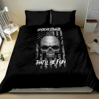 Black bedding set with skull graphic and “UNDERSTIMATE ME” on duvet front