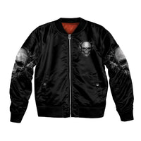 Black zip-front bomber jacket with skull badge, elastic cuffs, and red inner lining