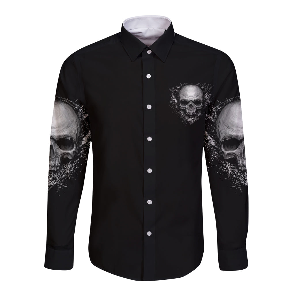 Black long sleeve button shirt with skull front graphic; sleeve panels show skull art