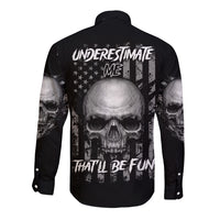 Black long sleeve button shirt, skull back graphic with stars and distressed text