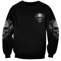 Black crewneck sweatshirt with small skull graphic and sleeve skull prints