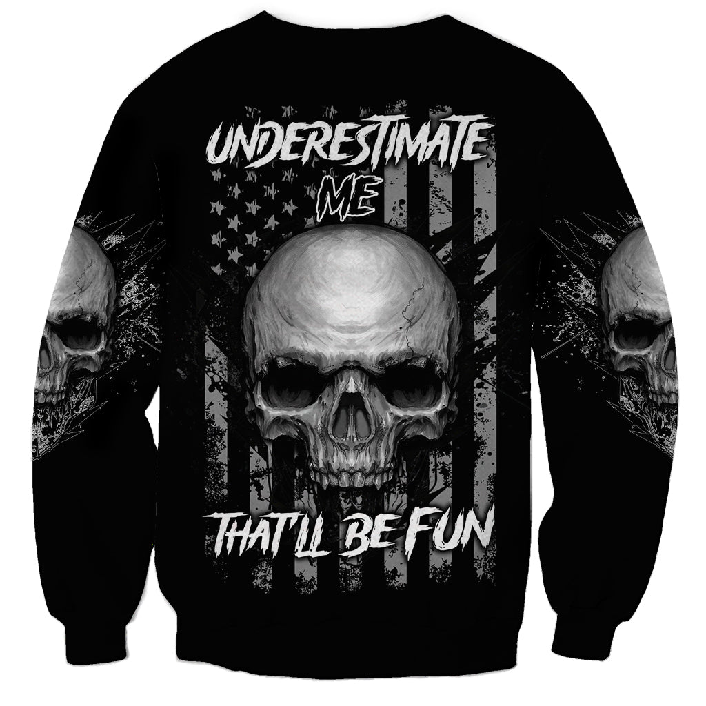 Black crewneck sweatshirt with skull graphic and star-and-stripe lettering