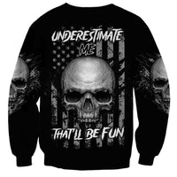 Black crewneck sweatshirt with skull graphic and star-and-stripe lettering