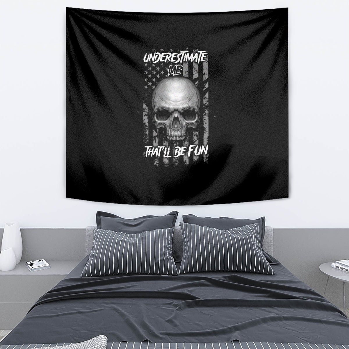 Black wall tapestry with centered skull graphic and bold text design, rectangular hanging