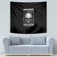 Black wall tapestry featuring a skull graphic with decorative text, rectangular hanging