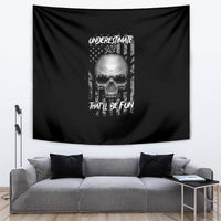 Black rectangular wall tapestry with centered skull and text print