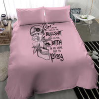 Lilac bedding set showing a centered skull and flower print with black text on duvet