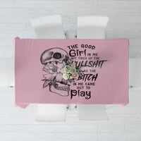Mauve square tablecloth with skull and text graphic in the center