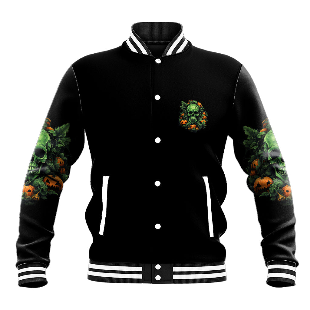 Black varsity jacket with button front, small green skull chest patch, striped ribbing