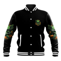 Black varsity jacket with button front, small green skull chest patch, striped ribbing