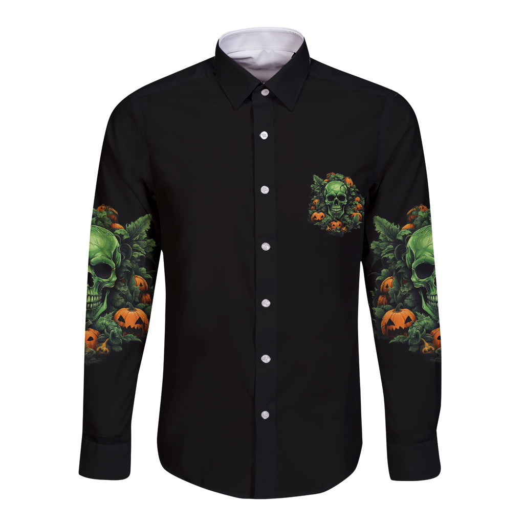 Unisex long-sleeve button shirt with small chest graphic and skull sleeve print