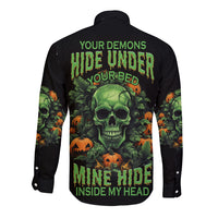 Unisex long-sleeve button shirt with skull graphic and spooky Halloween text on back