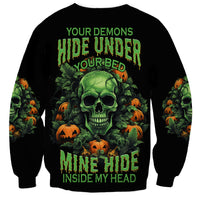 Black Halloween sweatshirt with green skull, pumpkins, vines and spooky text on front.