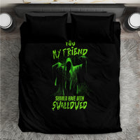 Black bedding set with green monster graphic, 'MY FRIEND' and 'SWALLOWED' text
