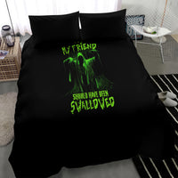 Black duvet cover bedding set with green 'MY FRIEND' monster print and 'SWALLOWED' text