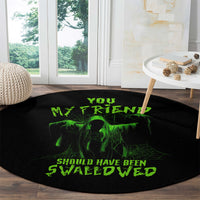 Black round Halloween rug with green alien skull and 'My Friend' phrase print