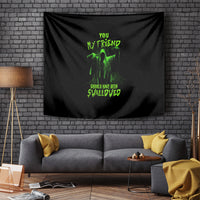 Black Halloween tapestry with neon green grim graphic and quote-style text