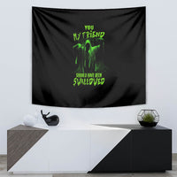 Black Halloween wall tapestry with neon green character graphic and stacked text
