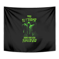Square black Halloween tapestry with neon green ghostly figure and quote text
