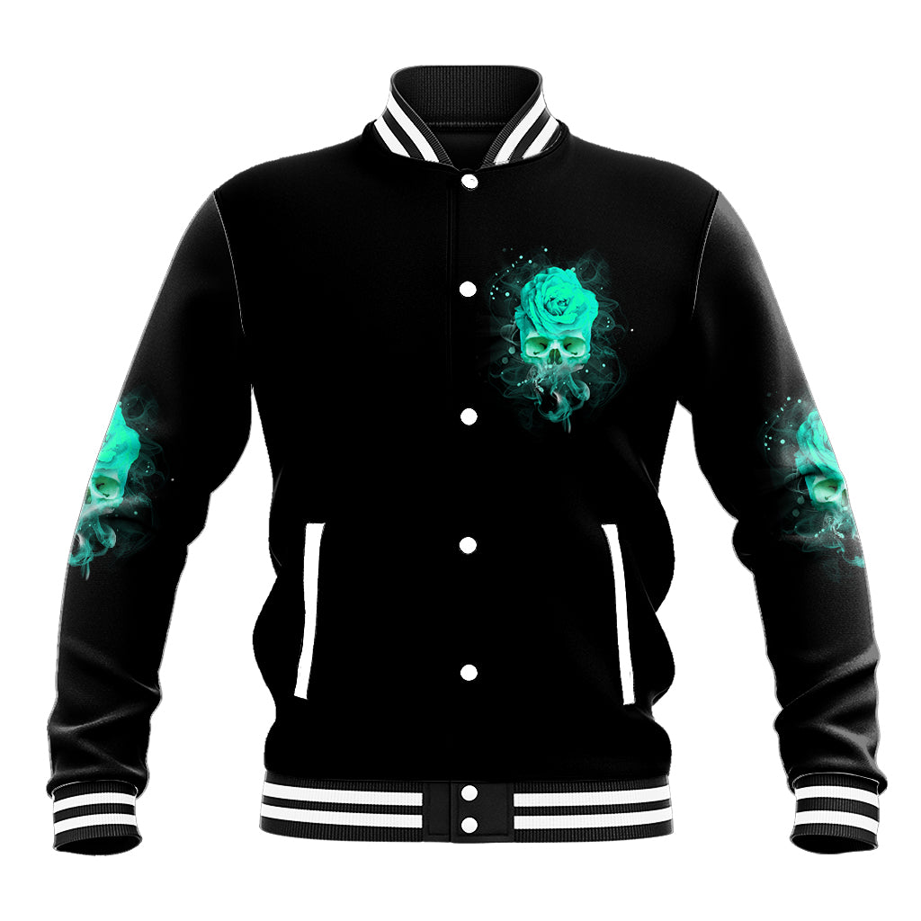 Black varsity-style baseball jacket with turquoise skull rose chest graphic, striped rib trim