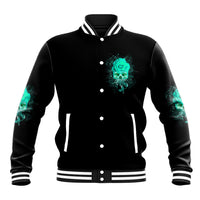 Black varsity-style baseball jacket with turquoise skull rose chest graphic, striped rib trim