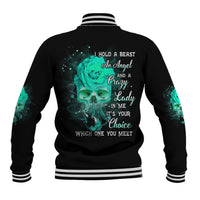 Black baseball jacket with turquoise rose-and-skull back graphic, striped rib collar and cuffs