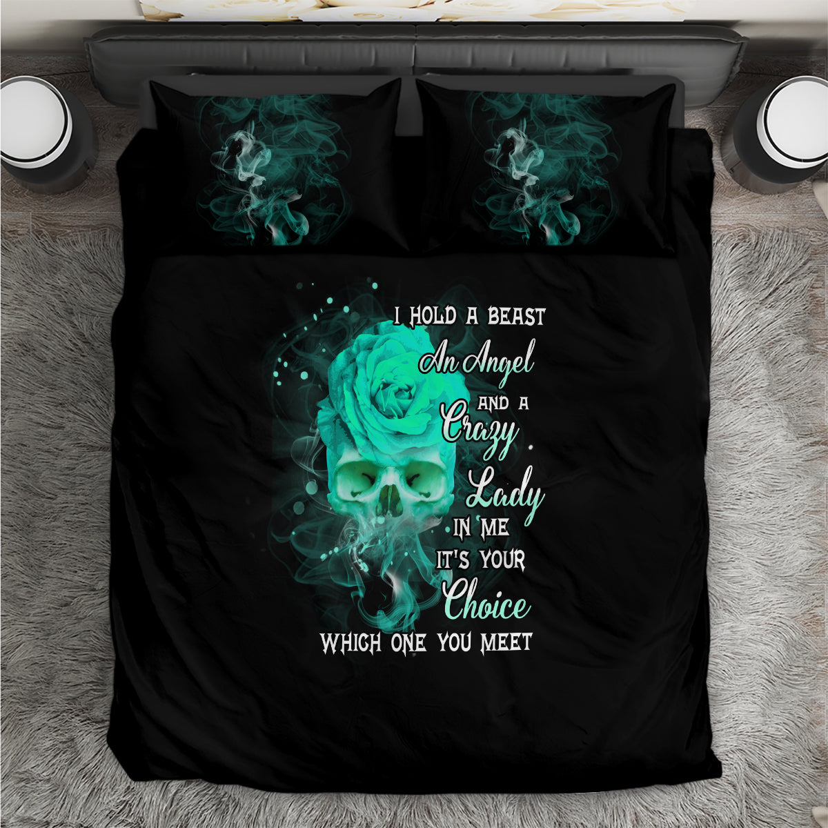 Black bedding set, teal smoke rose and skull graphic on duvet with two matching pillowcases