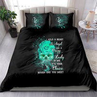Black bedding set with teal rose-skull graphic and text, includes comforter and 2 pillowcases