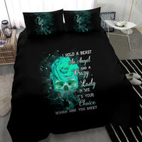 Black bedding set with teal rose-skull graphic and quote text, comforter with two pillowcases