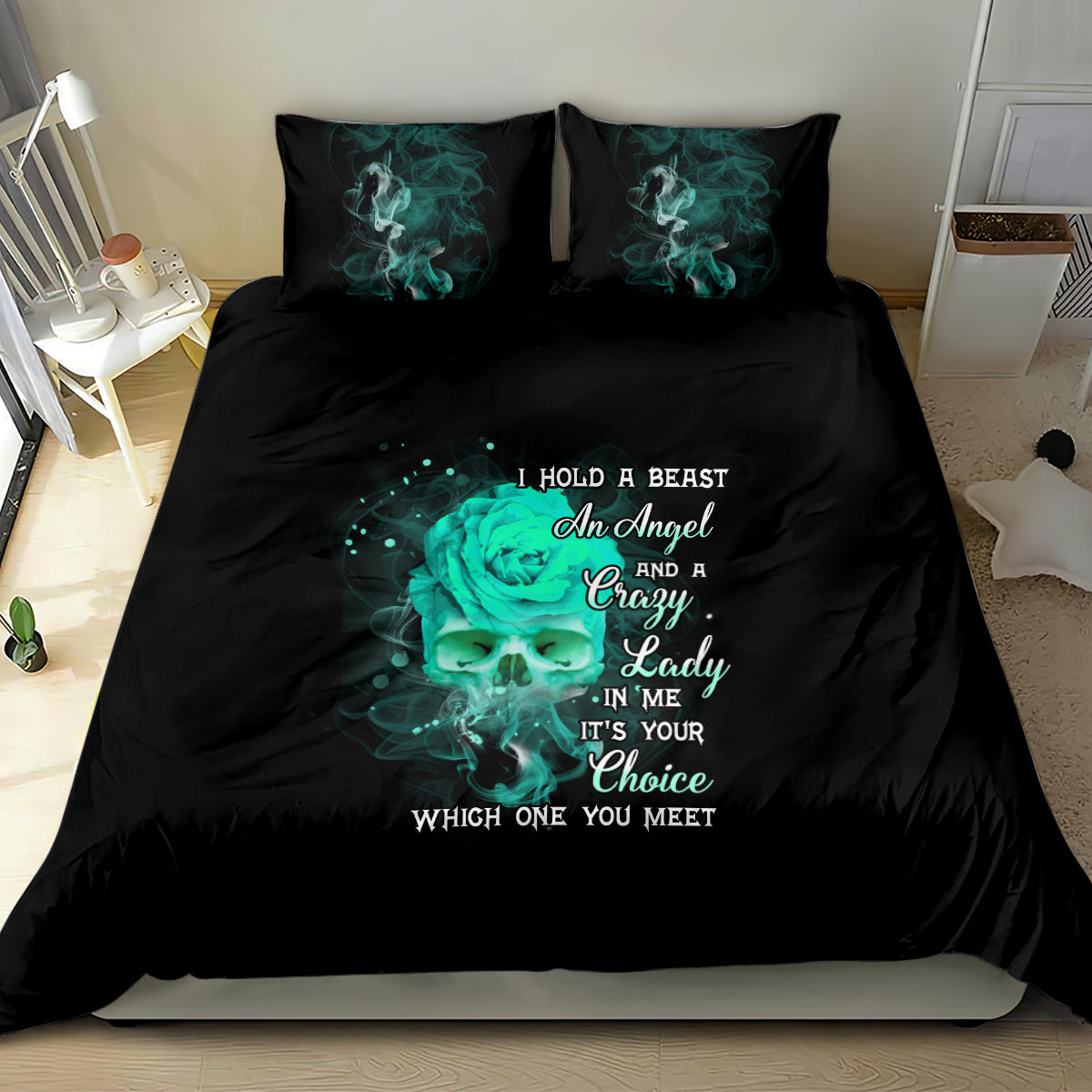 Black bedding set featuring teal smoke rose and skull graphic, comforter with two pillowcases