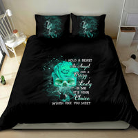 Black bedding set featuring teal smoke rose and skull graphic, comforter with two pillowcases