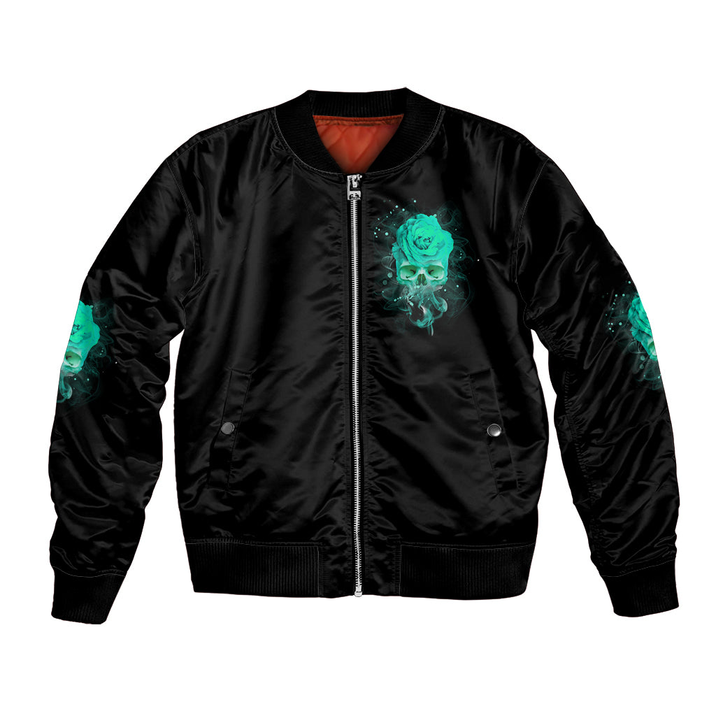 Black satin bomber jacket with teal skull front print, full zipper and ribbed hem