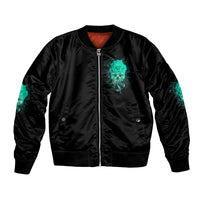 Black satin bomber jacket with teal skull front print, full zipper and ribbed hem