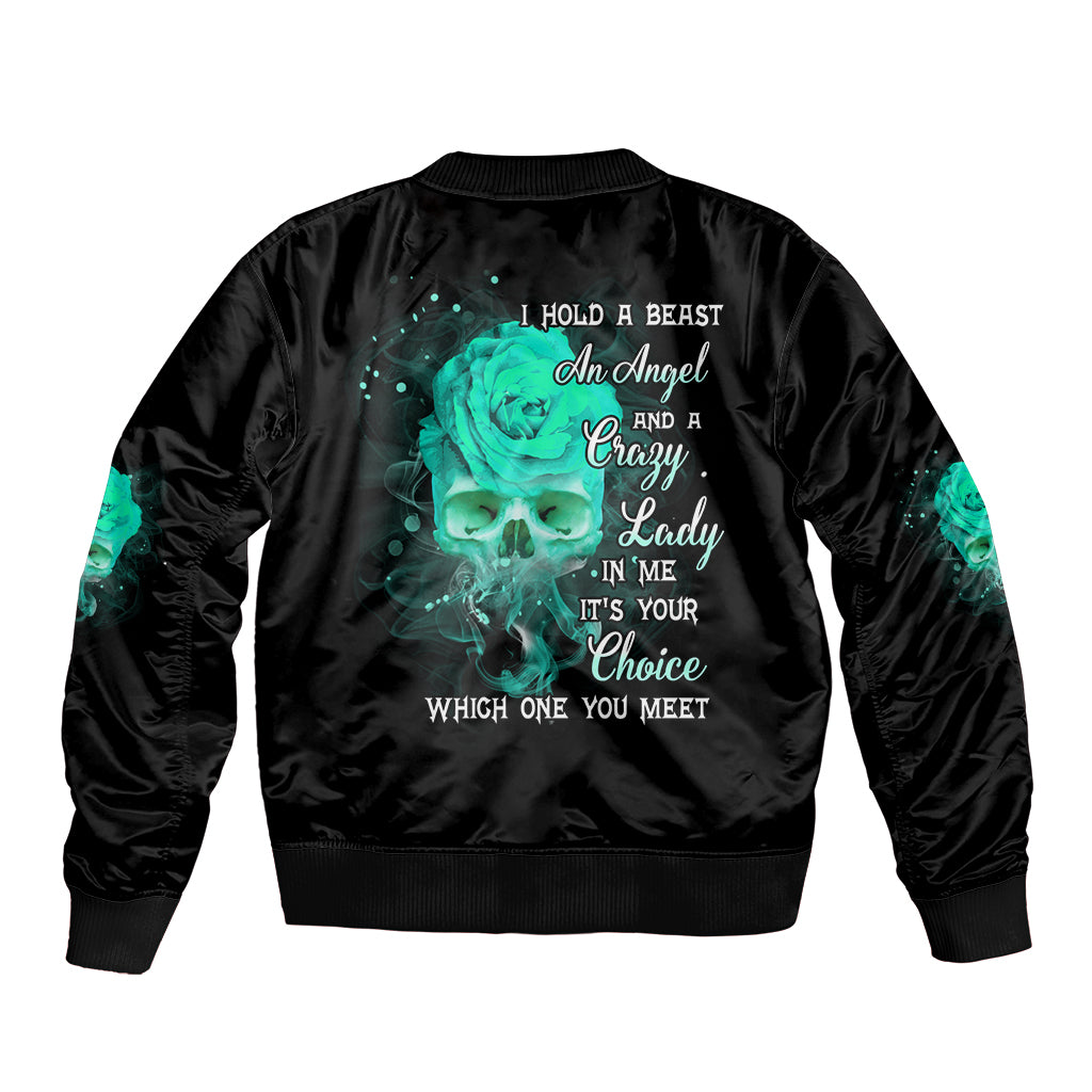 Black satin bomber jacket with teal back graphic and ribbed collar cuffs