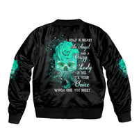 Black satin bomber jacket with teal back graphic and ribbed collar cuffs