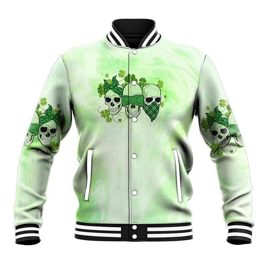 Light green varsity jacket with skull-and-shamrock graphic, snap buttons, striped collar