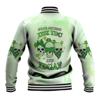 Green baseball jacket with skull-and-shamrock graphic on back and ribbed striped cuffs