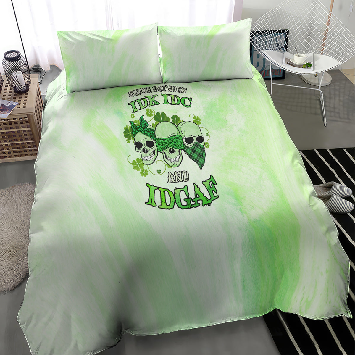 Green tie-dye bedding set featuring skull and shamrock motif on the duvet