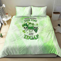 Green tie-dye duvet and two pillowcases with skull and shamrock text graphic