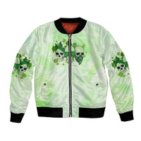Light green bomber jacket with front zipper, black ribbed cuffs, and skull graphic