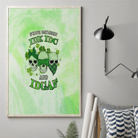 Unframed canvas wall art with neon-green background, triple skulls and clover sunglasses