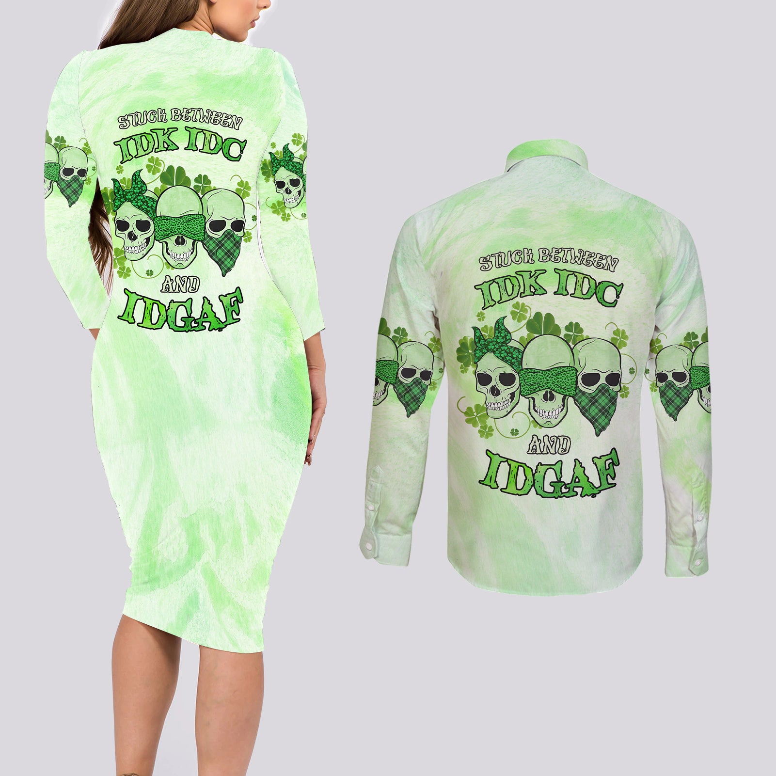 Stuck Between Idk Idc And Idgaf Rose Skull Patrick's Day Couples Matching Long Sleeve Bodycon Dress and Long Sleeve Button Shirt - Wonder Print Shop