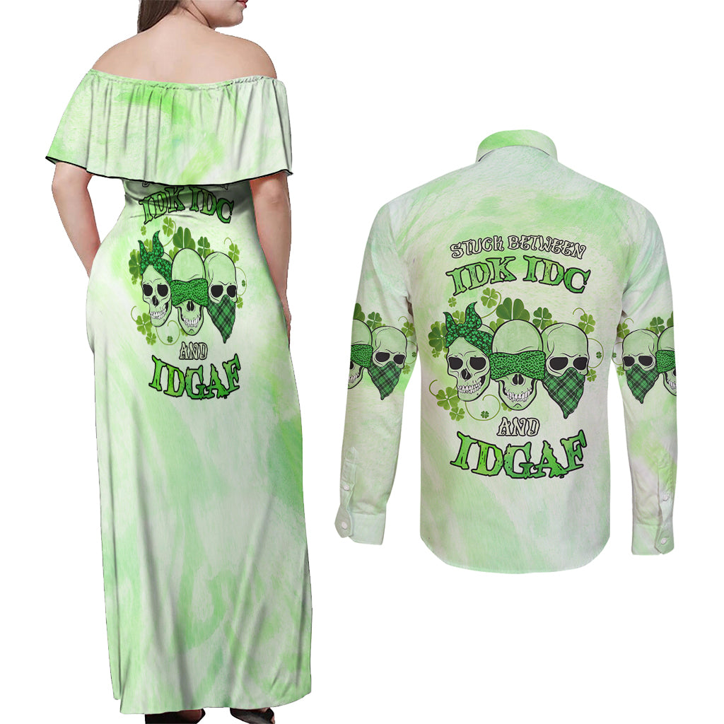 Stuck Between Idk Idc And Idgaf Rose Skull Patrick's Day Couples Matching Off Shoulder Maxi Dress and Long Sleeve Button Shirt - Wonder Print Shop