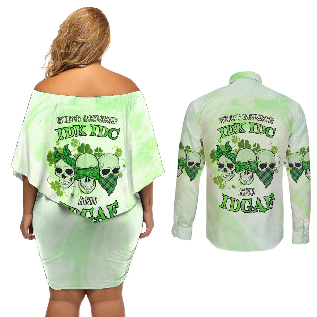 Stuck Between Idk Idc And Idgaf Rose Skull Patrick's Day Couples Matching Off Shoulder Short Dress and Long Sleeve Button Shirt - Wonder Print Shop