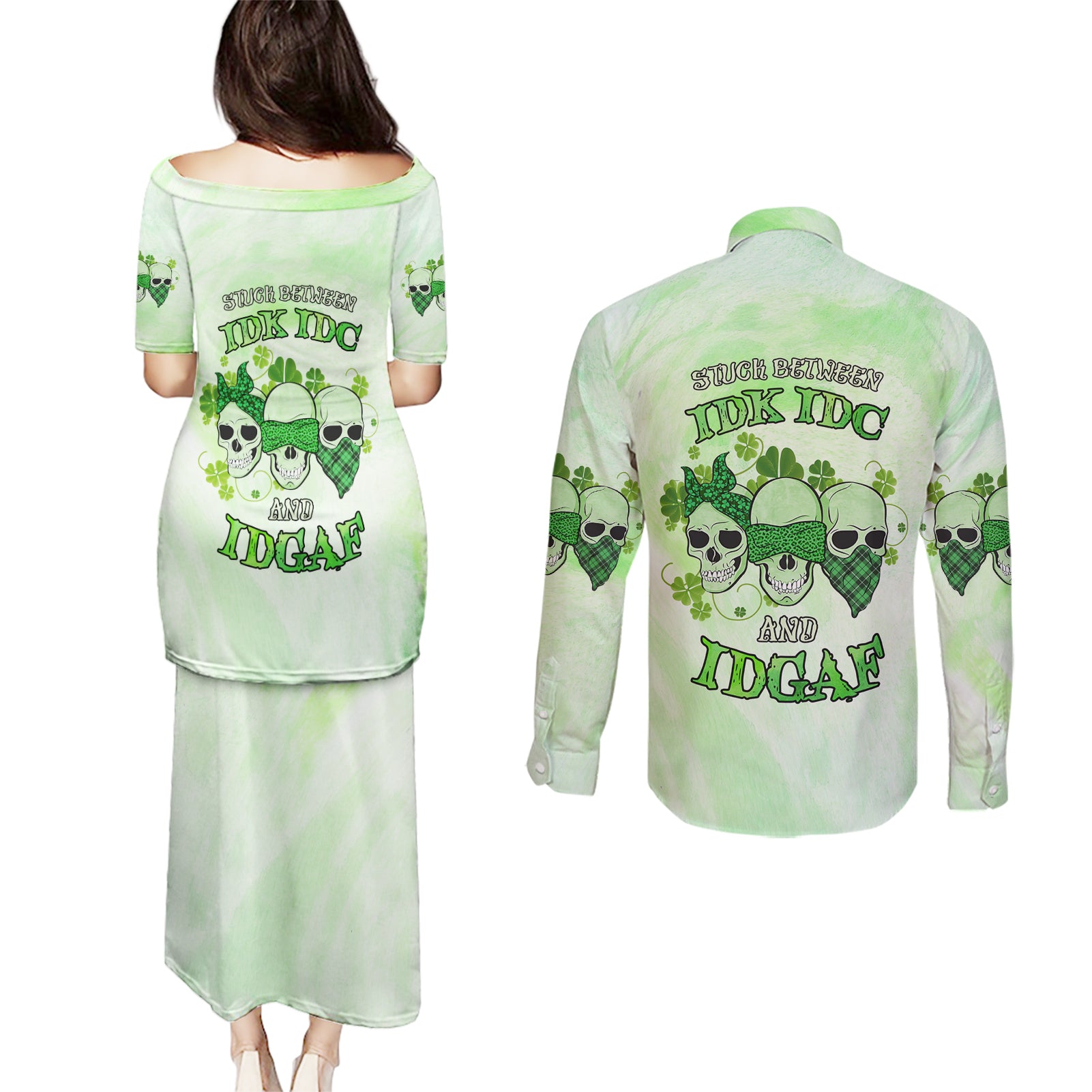 Stuck Between Idk Idc And Idgaf Rose Skull Patrick's Day Couples Matching Puletasi Dress and Long Sleeve Button Shirt - Wonder Print Shop