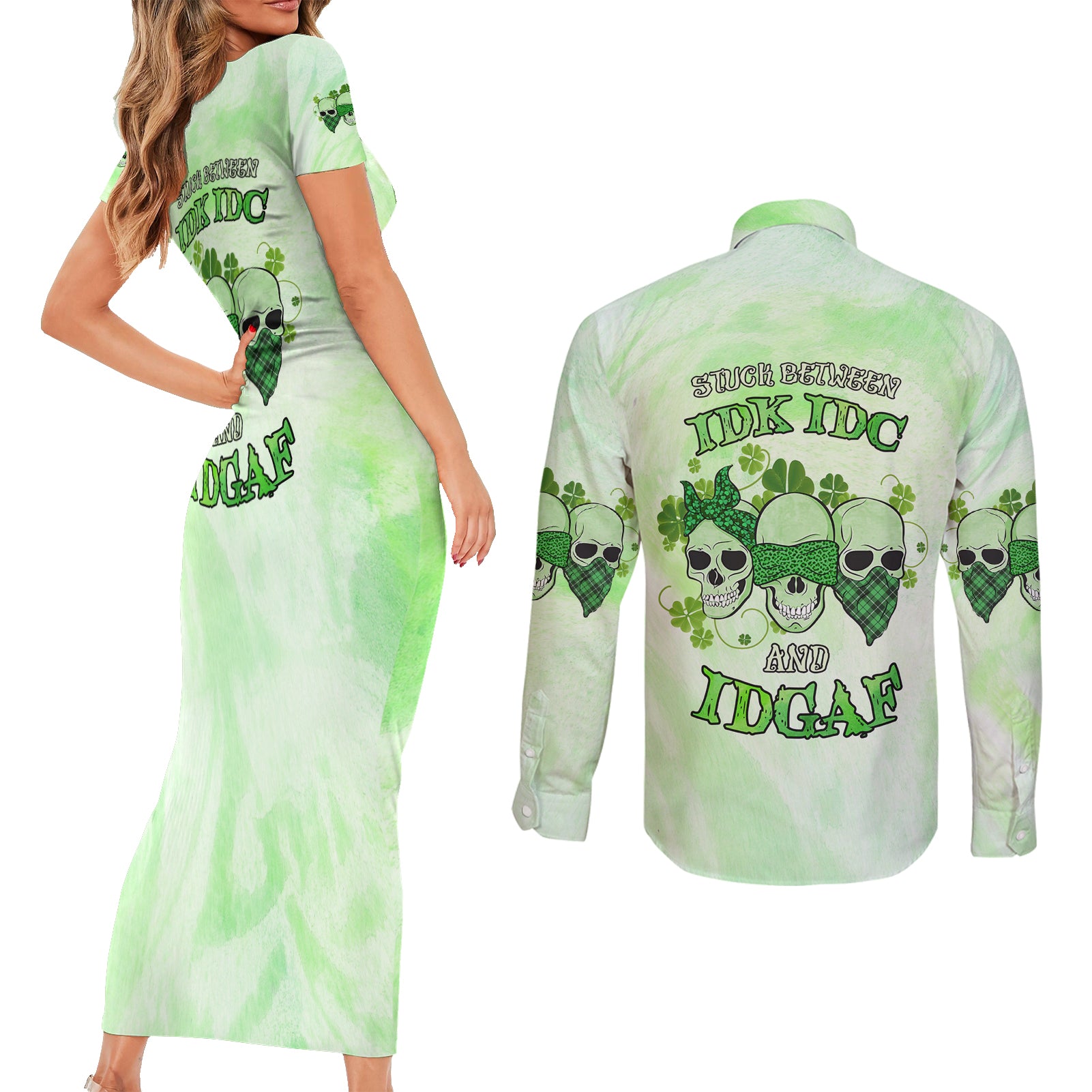 Stuck Between Idk Idc And Idgaf Rose Skull Patrick's Day Couples Matching Short Sleeve Bodycon Dress and Long Sleeve Button Shirt - Wonder Print Shop