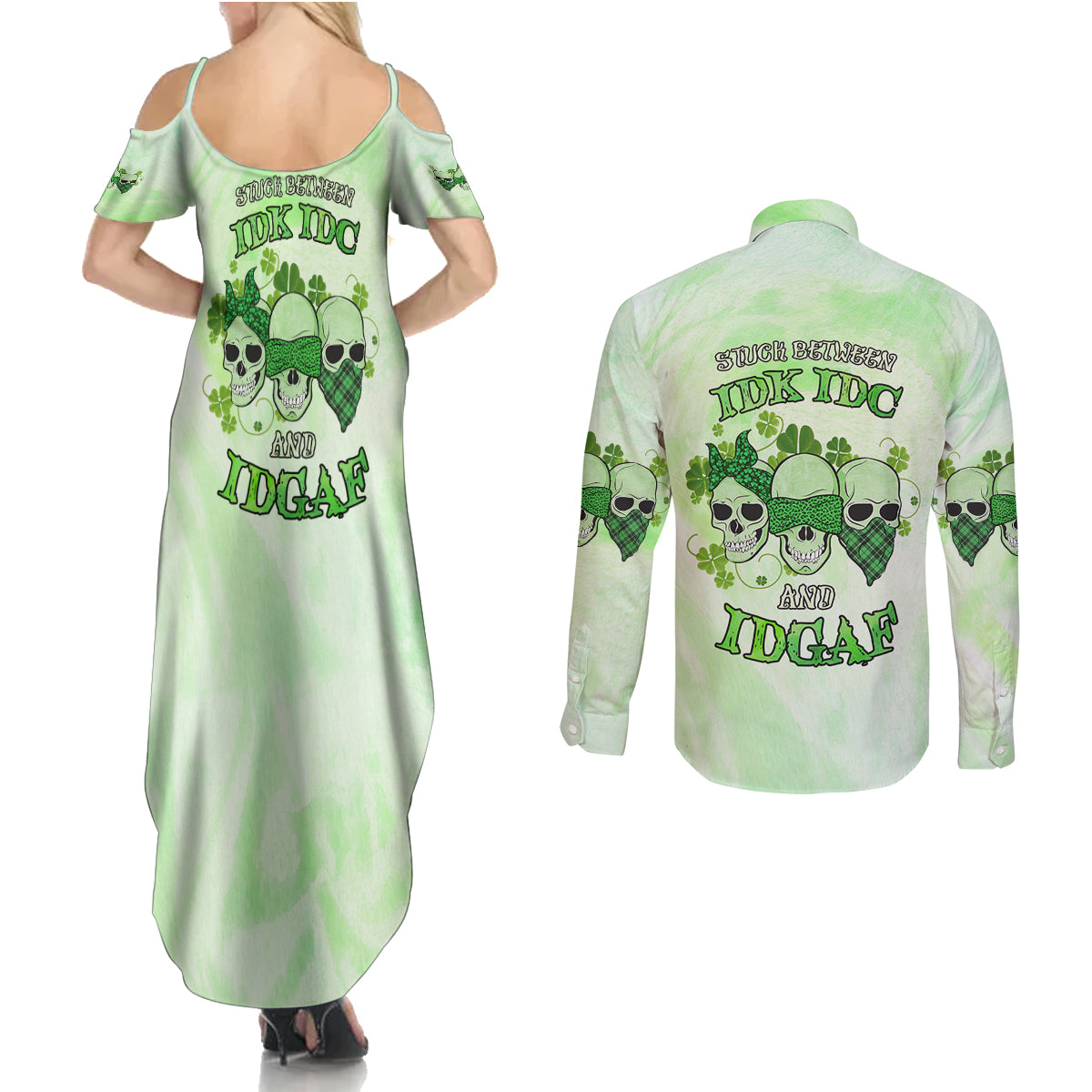 Stuck Between Idk Idc And Idgaf Rose Skull Patrick's Day Couples Matching Summer Maxi Dress and Long Sleeve Button Shirt - Wonder Print Shop