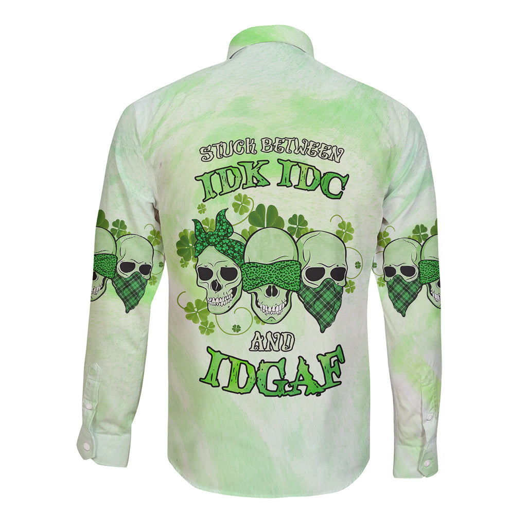 Back of green long-sleeve button shirt with skull, clover, and cheeky text graphic