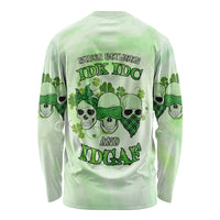 Long sleeve graphic T-shirt, light green back print with skulls, clovers, and text